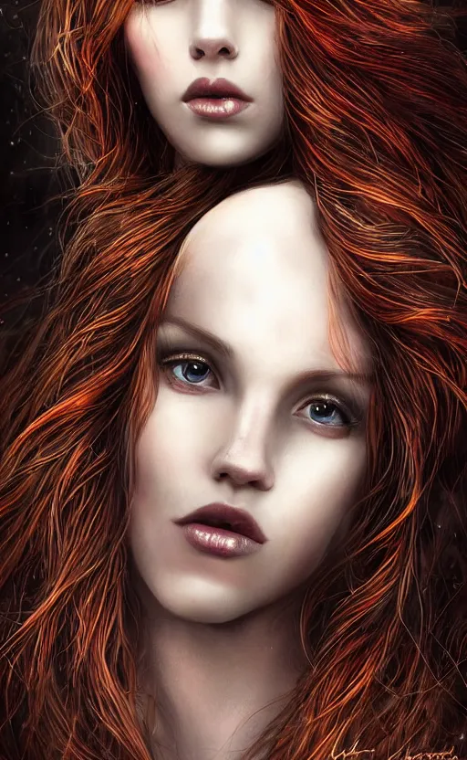 Image similar to a beautiful woman black knight, 8 k, sensual, hyperrealistic, hyperdetailed, beautiful face symmetrical, long ginger hair windy, dark fantasy, fantasy portrait by laura sava