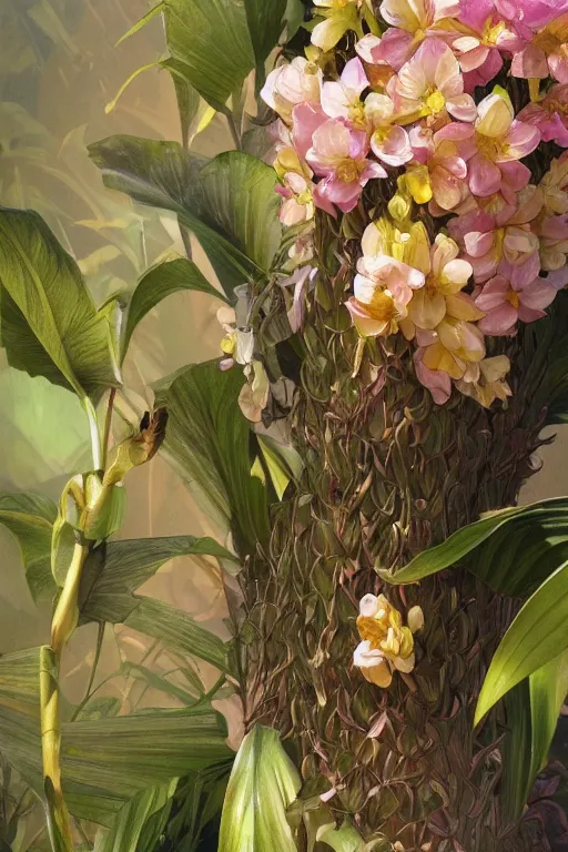 Image similar to ultra realistic illustration, banana plants close up drawing and colorful flowers, elegant, highly detailed, digital painting, concept art, smooth, sharp focus, illustration, art by greg rutkowski and alphonse mucha