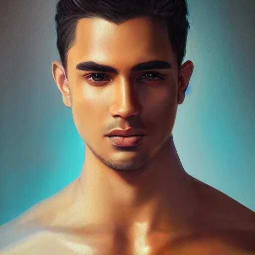 Image similar to ethereal aesthetic painting of a beautiful man with tan skin and short dark hair, clean shaven, angelic, 4k, trending on artstation