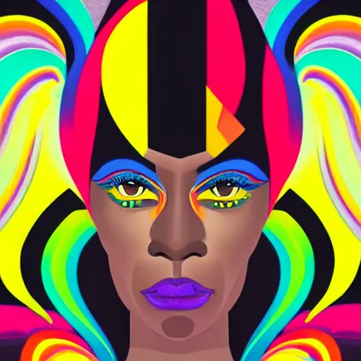 Image similar to closeup portrait of a black woman with yellow eyes and a rainbow background, digital art by tomokazu matsuyama, by ed paschke, behance contest winner, generative art, irridescent, retrowave, grain, androgynous, black background