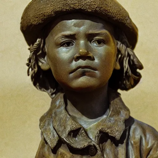 Image similar to high resolution photograph of a bronze cast sculpture of a sad peasant boy in the style of carl spitzweg