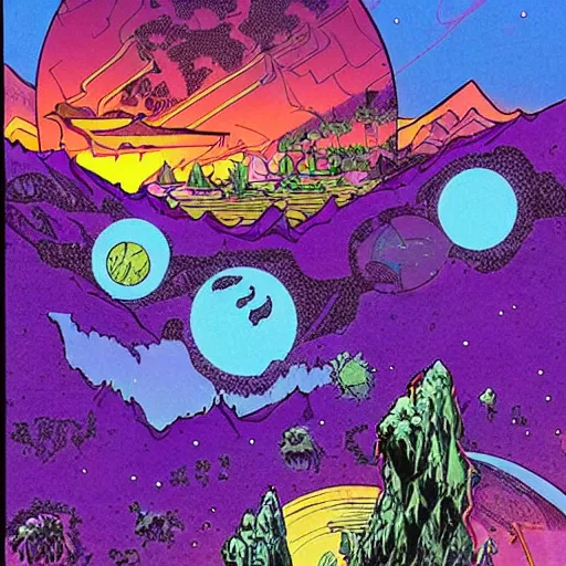 Prompt: Vibrant funky alien planet landscape with flowers nd vast lakes and vistas, caverns and mountains in the distance, 1970s comic book sci fi art by Phillipe Drulliet