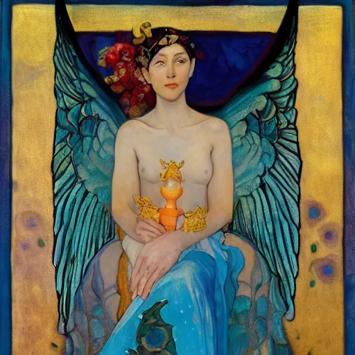 Prompt: queen of the dawn with her wings and her lantern, by Annie Swynnerton and Nicholas Roerich and Diego Rivera, flowing robes, bioluminescent skin, floral tattoos, elaborate costume, geometric ornament, symbolist, soft colors, smooth, sharp focus, extremely detailed