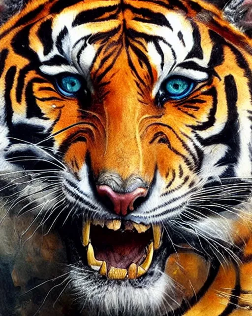 Image similar to realistic detailed skeleton of a tiger, cracked stained body full of marks, made by Karol Bak and Bernini. Rich colors. Masterpiece