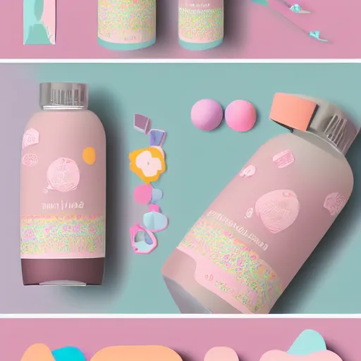 Image similar to pastel color, packaging design, kids products, gift packaging, bottle and label, behance, pintrest, kids, packaging, organic shapes, pattern