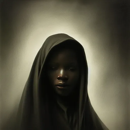 Image similar to a portrait of a young black woman wearing a long dark cloak, hood and shadows covering face, anatomically correct, beautiful perfect face, enigmatic, oil painting, matte painting, black background, Volumetric dynamic lighting, Highly Detailed, Cinematic Lighting, Unreal Engine, 8k, HD, by Beksinski