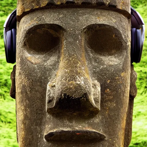 Image similar to a high detail photo of a moai wearing headphones, subject: moai, subject detail: wearing headphones