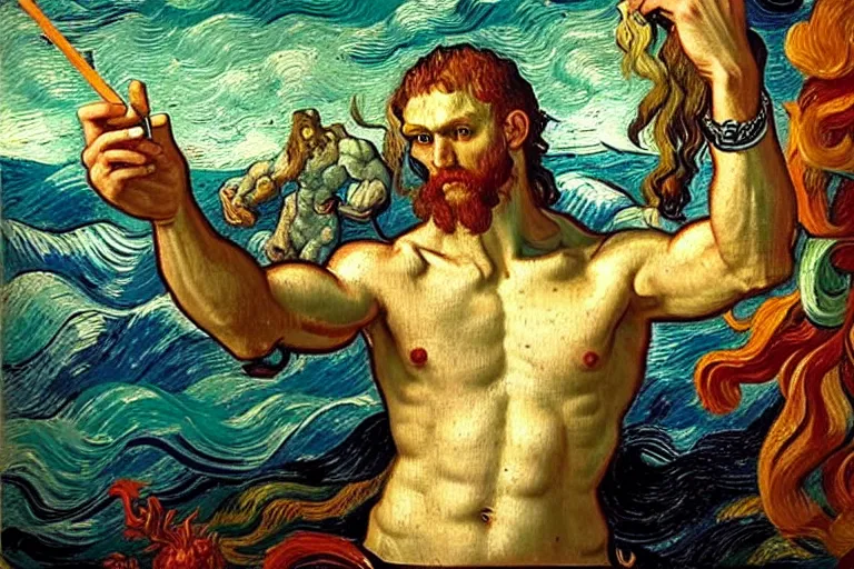 Image similar to hyperrealistic renaissance oil painting of greek god poseidon taking a selfie of himself underwater holding a go pro look king confused holding his trident, highly detailed and intricate by vincent vang gogh and billy butcher