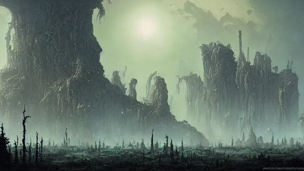 Image similar to eerie atmospheric alien planet with biomechanical plants and the ruins of civilization by les edwards and vincent di fate and anato finnstark, epic cinematic matte painting