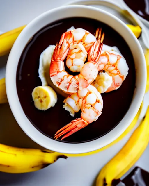 Prompt: dslr food photograph of a cup of ice cream with shrimps on top. chocolate sauce, shrimp, banana slices. 8 5 mm f 1. 4