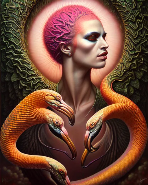 Image similar to a detailed portrait of dreampunk flamingo python hybrid mix goddess by tomasz alen kopera and peter mohrbacher