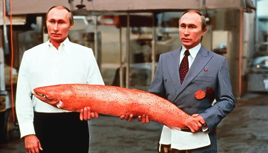 Image similar to 7 0 s movie still of putin in butcher outfit, proudly holding a salmon. cinestill 8 0 0 t _ 3 5 mm eastmancolor, heavy grain, high quality, high detail