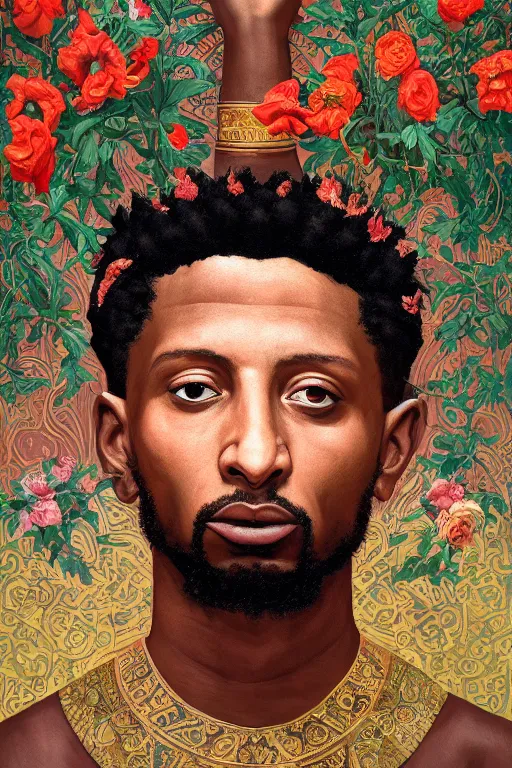 Prompt: breathtaking detailed concept art painting of the god of 2 1 savage, orthodox saint, with anxious, piercing eyes, ornate background, amalgamation of leaves and flowers, by hsiao - ron cheng, extremely moody lighting, 8 k