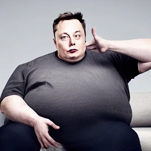 Image similar to morbidly obese elon musk with torn clothes lying on a couch with tv remote in his hand bored face 4k