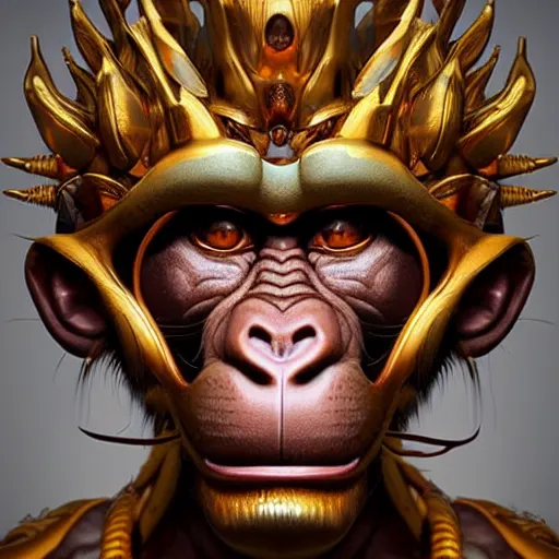 Image similar to biomechanical monkey king ,hyper-realistic portrait, dramatic lighting, artstation, photorealistic hanuman