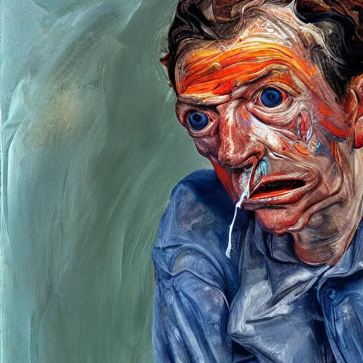 Prompt: high quality high detail portrait painting of a man in agony by lucian freud and jenny saville and francis bacon, hd, anxiety, turquoise and orange