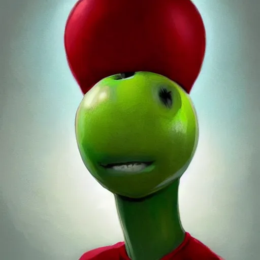 Prompt: a digital painting of a anthropomorphic humanoid green apple with a human face wearing a red dress, by netter, style from greg rutkowski, googly eyes, full frame, oil painting, featured artstation, concept art, smooth, sharp focus, illustration, ambient lighting