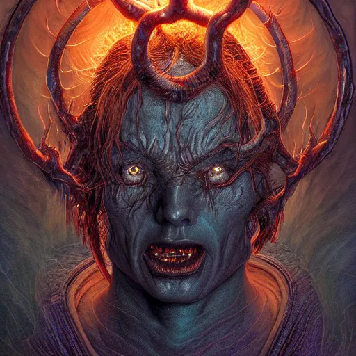 Prompt: Photorealistic demonic god in the style of Michael Whelan and Gustave Dore. Hyperdetailed photorealism, 108 megapixels, amazing depth, glowing rich colors, powerful imagery, psychedelic Overtones, 3D finalrender, 3d shading, cinematic lighting, artstation concept art