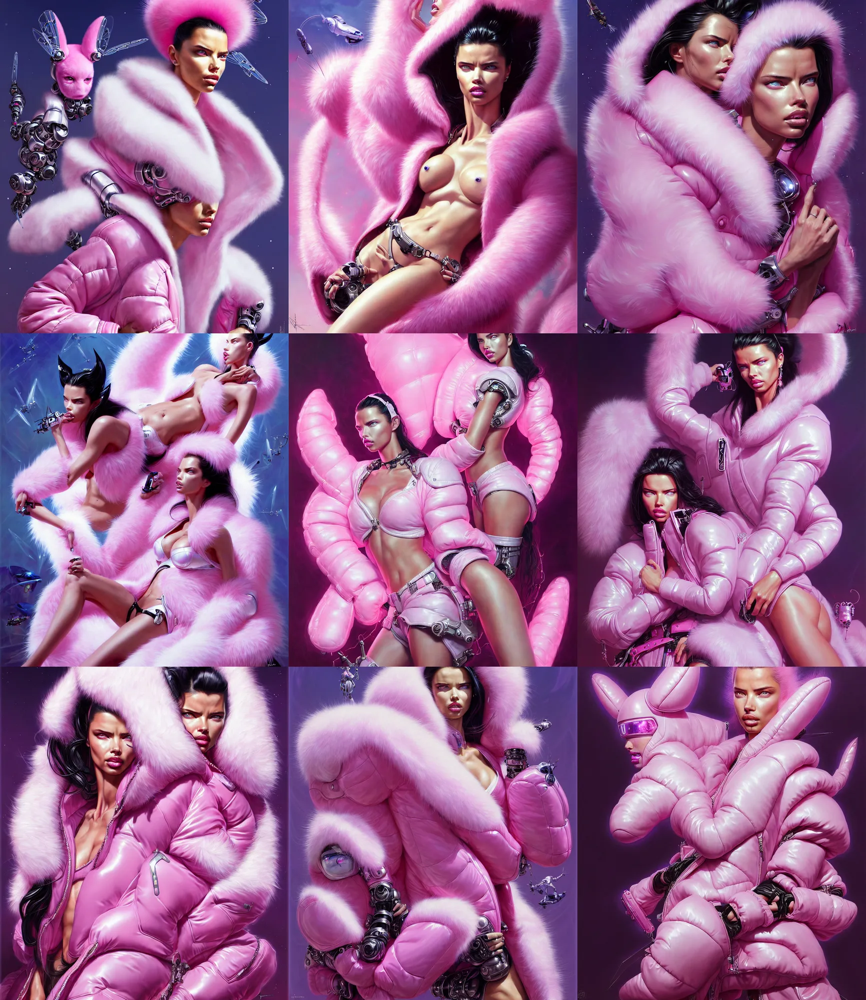 Prompt: beautiful fantasy character portrait adriana lima, wearing pink puffy bomber jacket with white fur, seductive reclining pose, futuristic chrome drones, ultra realistic, dramatic lighting, robots, the fifth element artifacts, highly detailed by peter mohrbacher, hajime sorayama, wayne barlowe, boris vallejo, aaron horkey, gaston bussiere, craig mullins