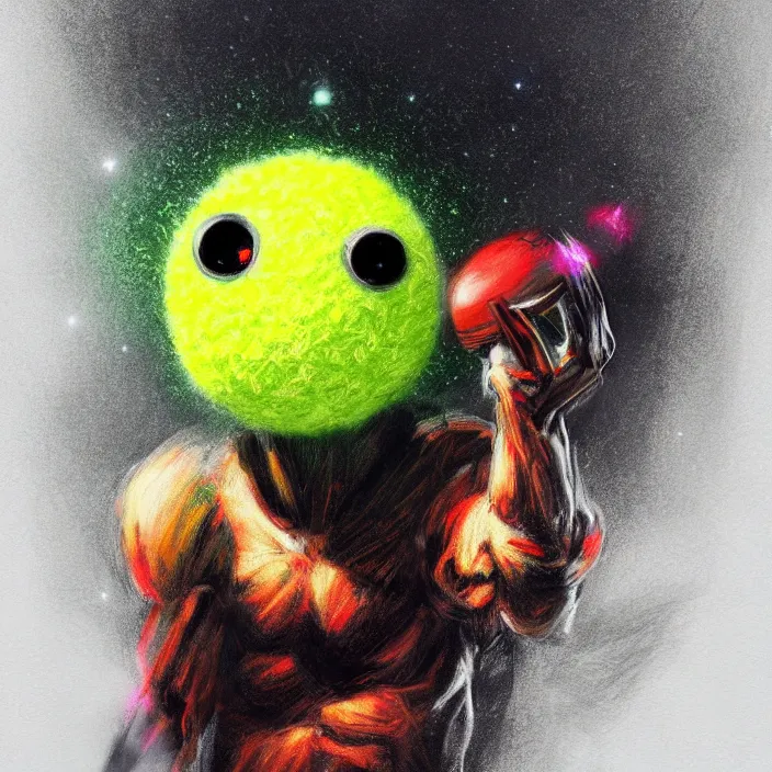 Image similar to cinematic portrait of a cute tennis ball monster in the abyss of space, chalk, masterpiece, trending on artstation, featured on pixiv, cinematic composition, dramatic pose, beautiful lighting, sharp details, hyper-detailed, HD, HDR, 4K, 8K, art by Basil Gogos