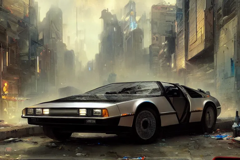 Image similar to photograph of the delorean, with a sleek spoiler, driving down the streets of a cyberpunk abandoned city, by greg rutkowski, by stanley artgerm, by alphonse mucha