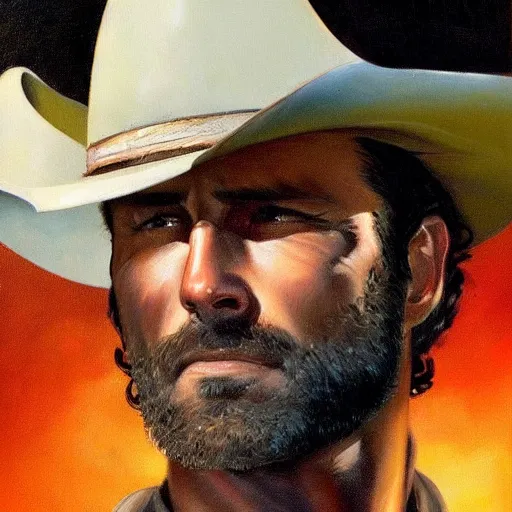 Image similar to ultra realistic portrait painting of rick grimes as a western outlaw, art by frank frazetta, 4 k, ultra realistic, highly detailed, epic lighting