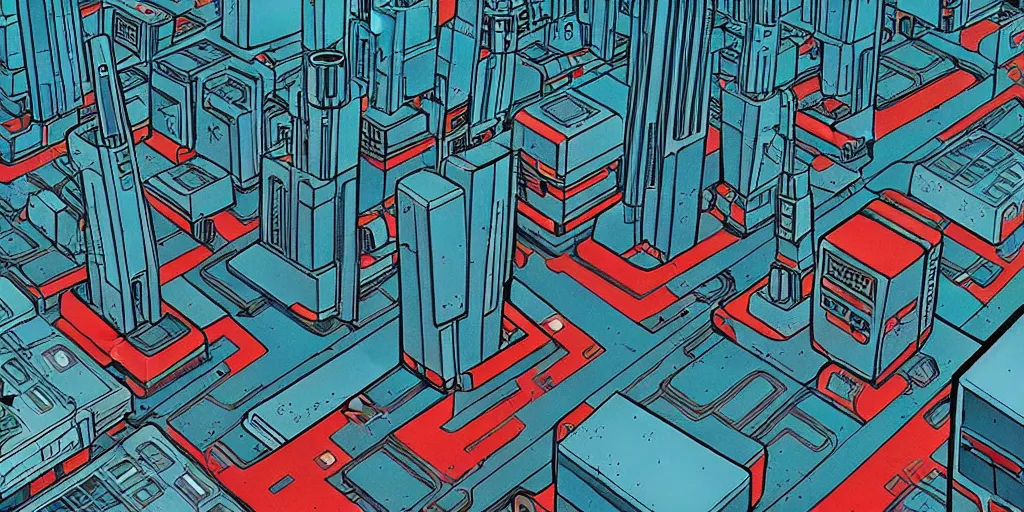 Image similar to areal view of mechanical futuristic brutalist city in the style of Akira!