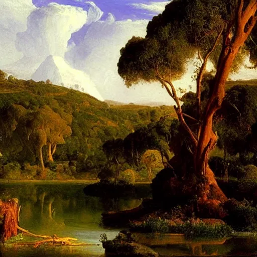 Prompt: a beautiful oil painting of a eucalyptus globulus trees next to a river, thomas cole - h 7 0 4