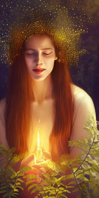 Prompt: young woman, serene smile, surrounded by golden firefly lights amidst nature, full covering intricate detailed dress, long red hair, precise linework, accurate green eyes, small nose with freckles, beautiful smooth oval shape face, empathic, expressive emotions, dramatic lights spiritual scene, hyper realistic ultrafine art by artemisia gentileschi, jessica rossier, boris vallejo