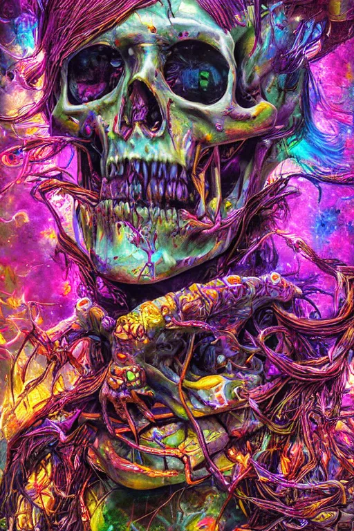 Image similar to 35 mm lens photo of scull lsd colors, direct sunlight, glowing, vivid, detailed painting, Houdini algorhitmic pattern, by Ross Tran, WLOP, artgerm and James Jean, masterpiece, award winning painting