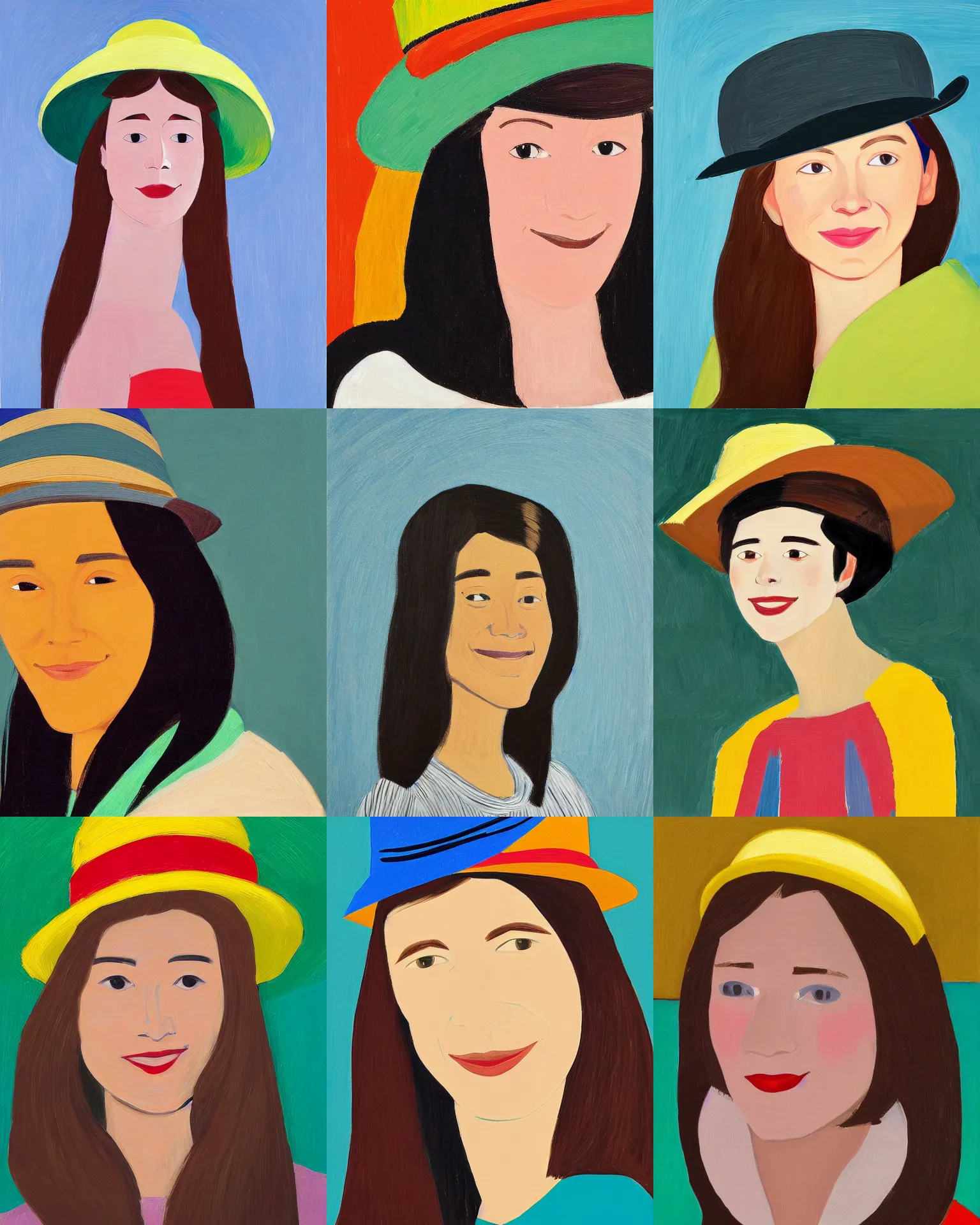 Prompt: portrait of a smiling young woman with hat, long hair, light background, colorful, by alex katz, close up