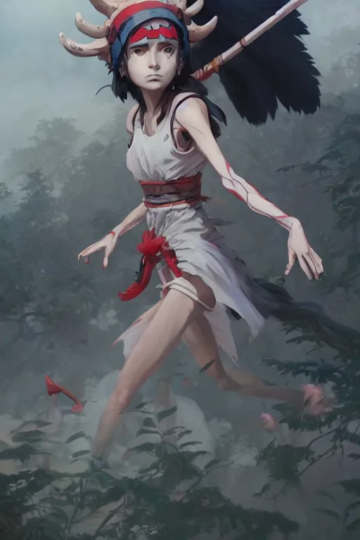 Image similar to mononoke hime, accurate anatomy, only two hands, highly detailed, digital painting, artstation, concept art, smooth, sharp focus, illustration, unreal engine 5, 8 k, art by artgerm and greg rutkowski and edgar maxence