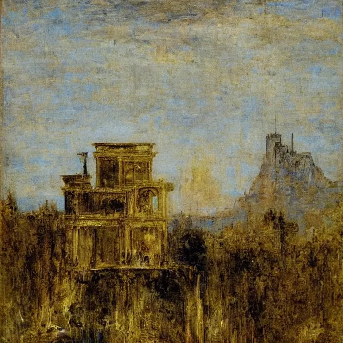 Prompt: a building in a landscape, by gustave moreau