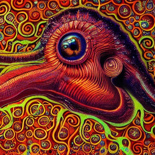 Image similar to fiery whimsical emotional eyes cephalopod, surreal painting by Ernst Haeckel, in a photorealistic macro photograph with shallow DOF, artstation