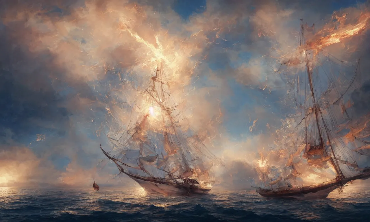 Image similar to a beautiful digital painting of a white caravel on fire flying in the clouds, birds and embers in the sunlight, numerous burning ropes and intricated sails, blue sky at sunset, elegant, highly detailed, artstation, concept art, matte, sharp focus, art by tom bagshaw, kelogsloops and greg rutkowski