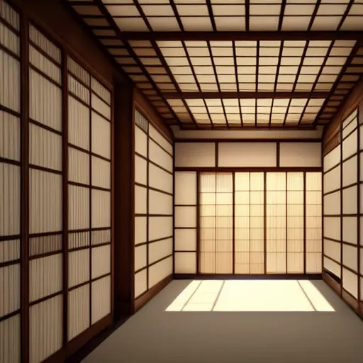 Image similar to still photo of a japanese hallway, highly detailed, photorealistic portrait, bright studio setting, studio lighting, crisp quality and light reflections, unreal engine 5 quality render