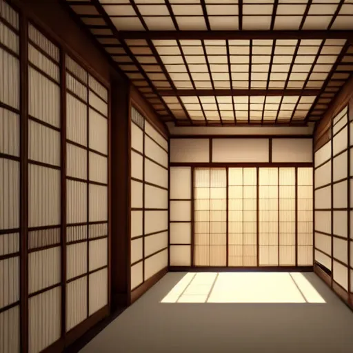 Prompt: still photo of a japanese hallway, highly detailed, photorealistic portrait, bright studio setting, studio lighting, crisp quality and light reflections, unreal engine 5 quality render