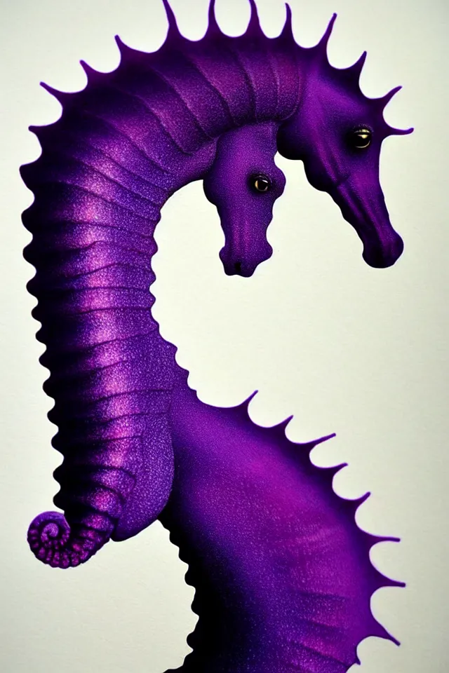 Image similar to a portrait statue of a purple seahorse, black paper, beautiful intricate painting by kokaris