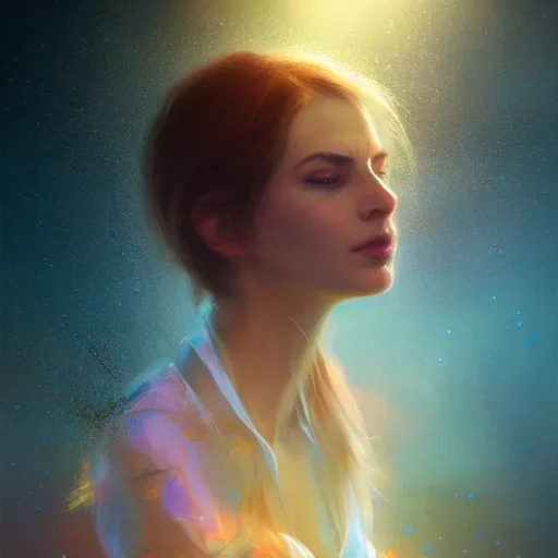 Image similar to beautiful uncertainty, sharp focus, intricate, elegant, digital painting, artstation, matte, highly detailed, concept art, illustration, volumetric lighting, gold and blue and pink color scheme, bokeh light, art by greg olsen and liz lemon swindle