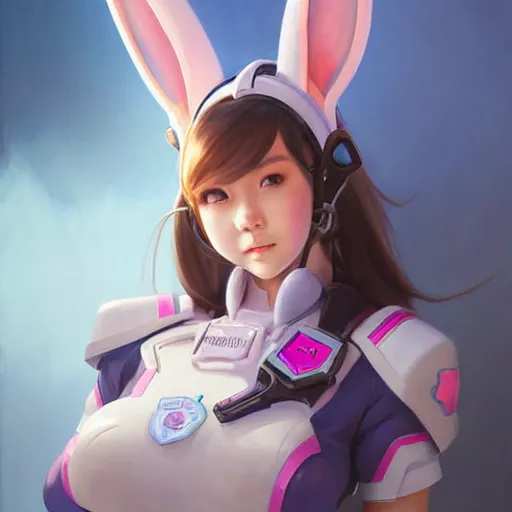 Image similar to Stunning Portrait of Bunny Ears D.VA from Overwatch wearing a police uniform by Kim Jung Gi, holding handcuffs in one hand Blizzard Concept Art Studio Ghibli. oil paint. 4k. by brom, Pixiv cute anime girl wearing police gear by Ross Tran, Greg Rutkowski, Mark Arian, soft render, octane, highly detailed painting, artstation