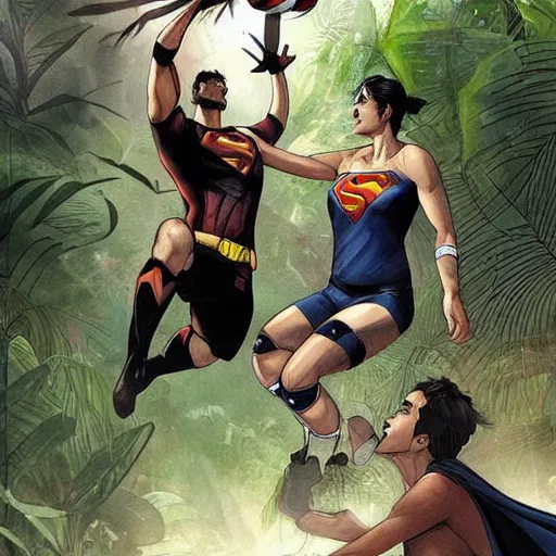 Image similar to batman and superman are playing volleyball in a jungle, volleyball in the air, volleyball net, in the style of greg rutkowski and artgerm, high detail