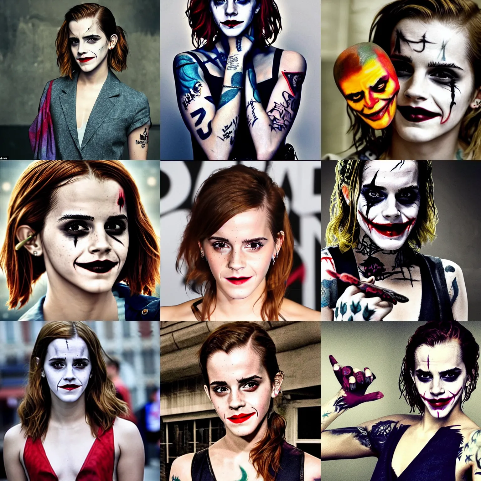 Prompt: emma watson with the face tatoos of the joker from suicide squad, demented damaged smile