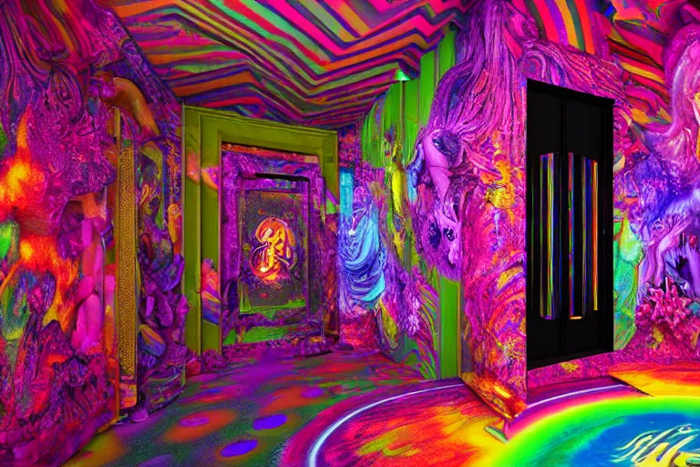 Image similar to lisa frank elevator in hell, hyperdetailed octane render scene from a tv show 55mm