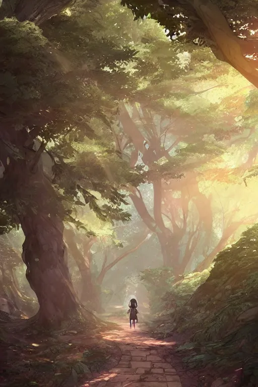 Prompt: forest path, fairy, beautiful ancient trees, hiding large treasure chest, serene evening atmosphere, soft lens, soft light, cel - shading, animation, in the style of cgsociety, deviantart, artstation, zbrush, cinema 4 d, studio ghibli, akihiko yoshida, atelier lulua, masamune shirow