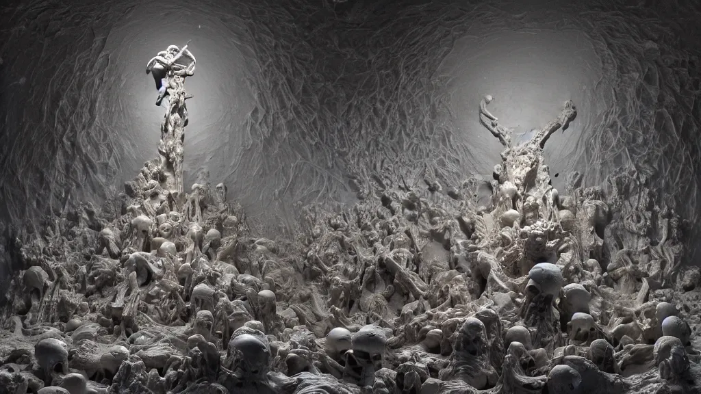 Image similar to an epic sculpture made of marble and ivory, a horde of cosmic skeletons attacking, by gustave dore, by zdzisław beksinski, by emil melmoth, sculpture standing on in a large studio space, monumental, epic, detailed, intricate, volumetric lighting, realistic, octane render, in frame, 2 0 % pearlescent detailing