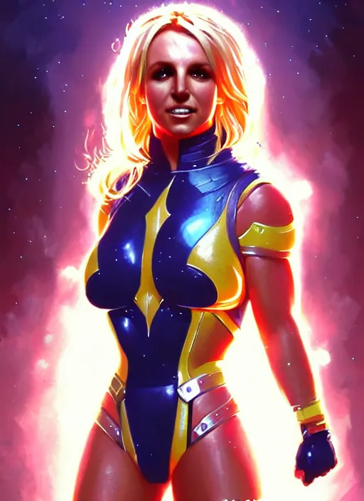 Image similar to britney spears as nova corps, intricate, elegant, glowing lights, highly detailed, digital painting, artstation, glamor pose, concept art, smooth, sharp focus, illustration, art by artgerm and greg rutkowski, artey freytag