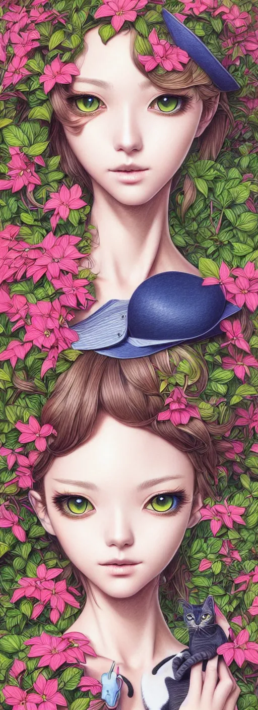 Image similar to richly detailed color pencil illustration of a portrait of a stylish gardener woman hypnotic cat, by artgerm and range murata rendered with 3 d effect.