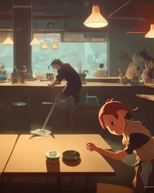 Prompt: a man cleaning the table in his ramen shop, cory loftis, james gilleard, atey ghailan, makoto shinkai, goro fujita, studio ghibli, rim light, exquisite lighting, clear focus, very coherent, plain background, soft painting