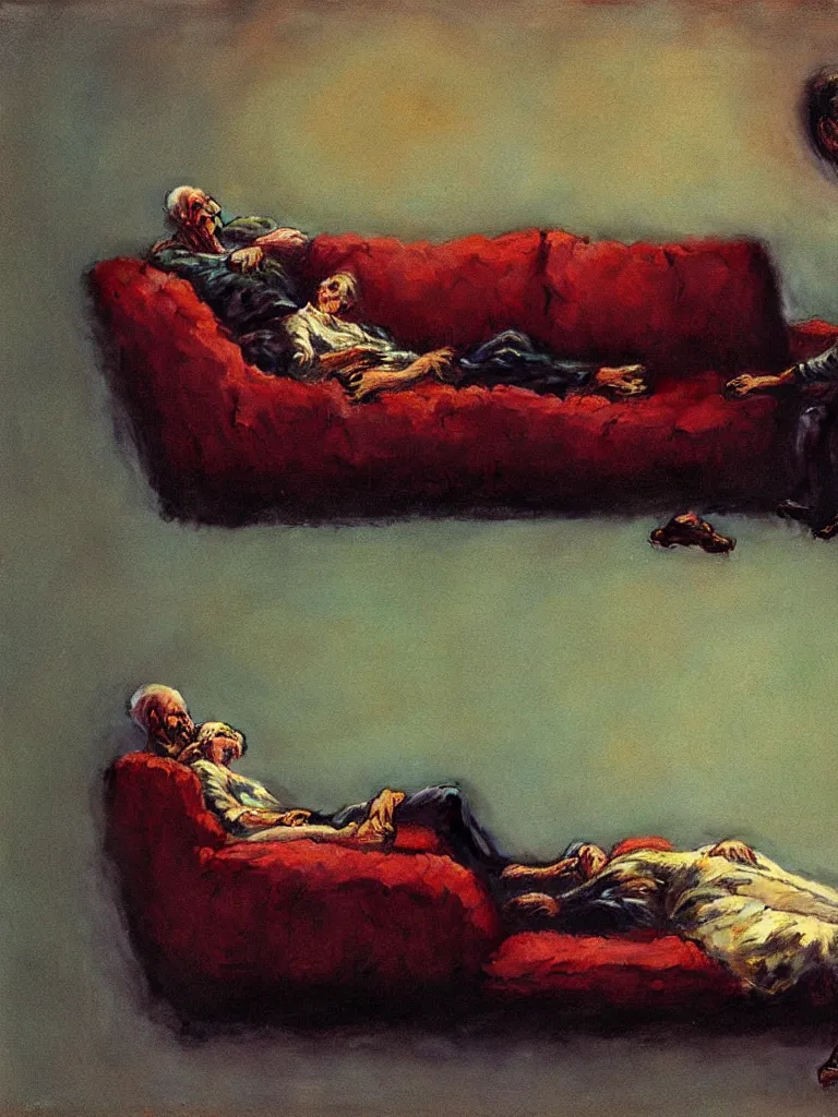 Image similar to old couple sleeping on a couch, psx game graphics , Beksinski painting, part by Adrian Ghenie