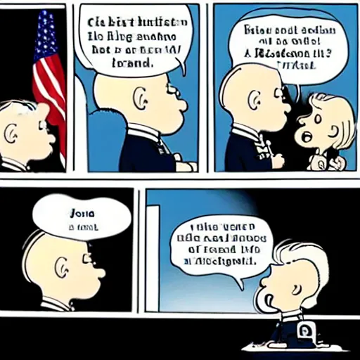 Prompt: a cartoon of joe biden pulling away the nuclear football before trump can kick it, cartoon in the style of peanuts by charles schulz